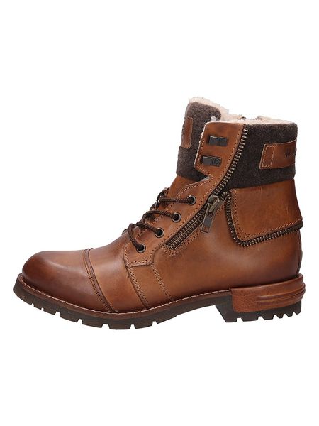 Bugatti Skórzane botki zimowe w kolorze brązowym rozmiar: 43. Brązowe buty zimowe męskie Bugatti, na zimę, z materiału, z okrągłym noskiem, bez zapięcia. Za 182.72 zł.