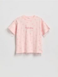 Dwuwarstwowy t-shirt z nadrukiem - wielobarwny. Koszulki dziewczęce Reserved, bez wzorów, z bawełny, bez ramiączek. Za 45.99 zł.