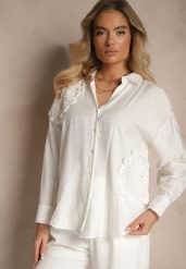 Biała Koszula Oversize z Lnu i Wiskozy Zdobiona Aplikacjami z Kwiatami Varreia. Białe koszule damskie Renee, m, z aplikacjami, z jeansu, eleganckie, bez kołnierzyka, bez ramiączek. Za 69.99 zł.