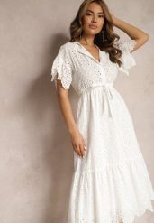 Biała Bawełniana Sukienka o Rozkloszowanym Kroju z Haftem z Guzikami i Gumką w Pasie Lovarae. Białe sukienki damskie Renee, l, bez wzorów, z bawełny, eleganckie, bez kołnierzyka, bez ramiączek, midi, rozkloszowane. W wyprzedaży za 160.99 zł.