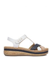 Rieker Sandały CEO-V0919-81 Biały. Białe sandały damskie Rieker, bez wzorów, ze skóry, bez obcasa, na koturnie. Za 339.99 zł.