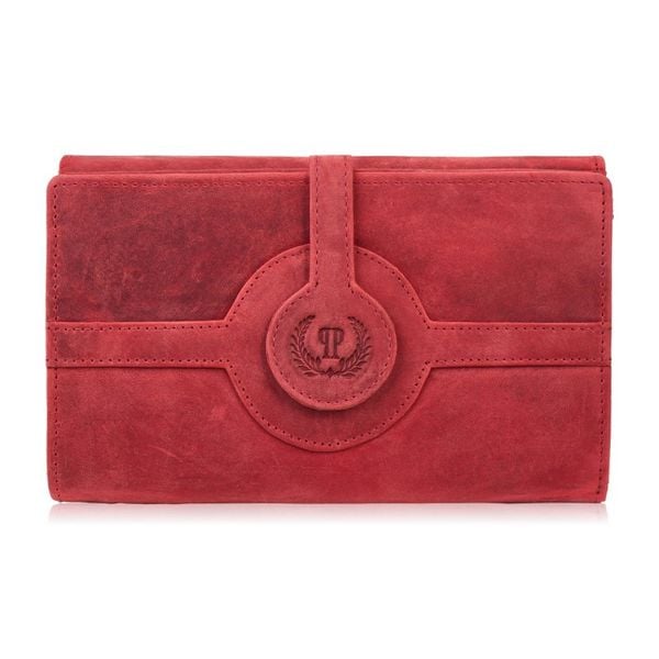 Portfel damski skórzany czerwony duży vintage w orientacji poziomej z RFID Paolo Peruzzi T-134-HRD. Czerwone portfele damskie bez wzorów, ze skóry. Za 75.65 zł.