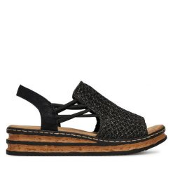 Sandały Rieker. Czarne sandały damskie Rieker, bez wzorów, bez obcasa, na koturnie. Za 299.99 zł.