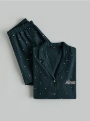 Piżama ze świątecznym motywem - ciemnozielony. Zielone piżamy damskie Reserved, l, bez wzorów, z bawełny, bez ramiączek. Za 139.99 zł.