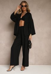 Czarny Wiskozowy Komplet Oversize Koszula i Spodnie Wide Leg Zierana. Czarne koszule damskie Renee, bez wzorów, z materiału. Za 99.99 zł.