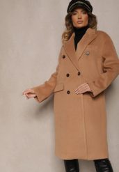 Beżowy Klasyczny Płaszcz Dwurzędowy z Kieszeniami Tereti. Brązowe płaszcze damskie Renee, l, bez wzorów, z jeansu, eleganckie. Za 179.99 zł.