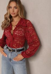 Bordowa Elegancka Koszula Koronkowa Vortizia. Czerwone koszule damskie Renee, m, bez wzorów, z jeansu, biznesowe, bez kołnierzyka, bez ramiączek. Za 79.99 zł.