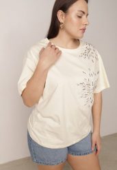 Jasnobeżowy T-shirt Bawełniany z Ozdobnymi Cekinami Greyfeather. Brązowe t-shirty damskie Born2be, plus size, bez wzorów, z bawełny, bez kołnierzyka. Za 59.99 zł.