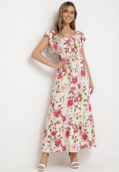 Jasnobeżowa Rozkloszowana Sukienka Maxi z Wiskozy w Kwiatowy Print Unadis. Brązowe sukienki damskie Born2be, na lato, l, bez wzorów, z wiskozy, bez kołnierzyka, bez ramiączek, maxi, rozkloszowane. Za 99.99 zł.
