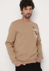 Beżowa Tłoczona Bluza Ozdobiona Kieszonką z Klapą Ansabeth. Brązowe bluzy bez kaptura męskie Born2be, l, z jeansu. Za 79.99 zł.