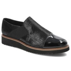 Półbuty damskie Lamelia, wsuwane z lakierowanym elementem i na płaskiej podeszwie, czarne, 39C818. Czarne półbuty damskie LAMELIA, bez wzorów, z gumy, eleganckie, bez obcasa, na płaskiej podeszwie. Za 209.00 zł.