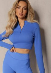Niebieska Elastyczna Bluzka na Suwak z Wycięciem przy Ściągaczu Denalla. Niebieskie bluzki damskie Renee, bez wzorów, bez kołnierzyka, bez ramiączek. Za 34.99 zł.