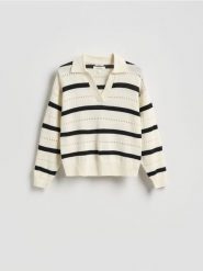 Sweter polo z lnem - złamana biel. Swetry klasyczne damskie Reserved, l, z dzianiny, bez kołnierzyka. Za 199.99 zł.