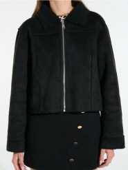 Kurtka teddy - czarny. Czarne kurtki damskie Sinsay, l, bez wzorów, z zamszu, bez kaptura. Za 69.99 zł.