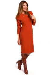 Ruda Dzianinowa Prosta Sukienka przed Kolano. Brązowe sukienki damskie MOE, na co dzień, l, bez wzorów, z bawełny, bez kołnierzyka, bez ramiączek. Za 219.90 zł.