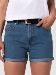 Szorty jeansowe mom high waist - granatowy. Niebieskie szorty damskie Sinsay, bez wzorów, z bawełny, z podwyższonym stanem. W wyprzedaży za 39.99 zł.