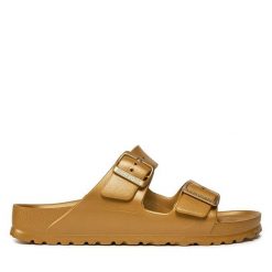 Klapki Birkenstock. Żółte klapki damskie Birkenstock, bez wzorów, bez obcasa. Za 199.99 zł.