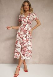 Czerwona Sukienka o Rozkloszowanym Kroju z Dekoltem w Serek w Roślinny Print Evilessa. Czerwone sukienki damskie Renee, na co dzień, l, bez wzorów, eleganckie, bez kołnierzyka, bez ramiączek, midi, rozkloszowane. W wyprzedaży za 111.99 zł.