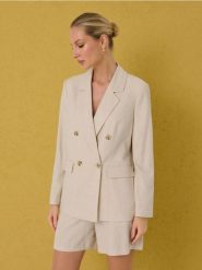 Wiskozowa marynarka dwurzędowa regular fit z domieszką lnu - kremowy. Białe marynarki i żakiety damskie Sinsay, l, bez wzorów, z wiskozy. Za 79.99 zł.