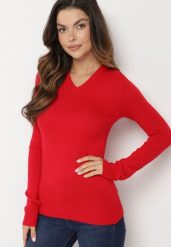 Czerwony Klasyczny Sweter z Trójkątnym Dekoltem Anillia. Czerwone swetry klasyczne damskie Born2be, m, z jeansu, bez kołnierzyka. Za 74.99 zł.