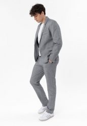 Materiałowe spodnie z lnem R-TONI. Szare spodnie materiałowe męskie Volcano, bez wzorów, z materiału, eleganckie. Za 199.99 zł.