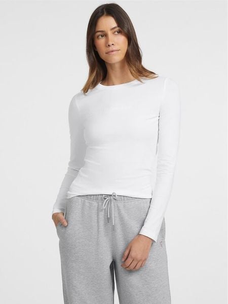 Guess Jeans Bluzka W4YI22 J1314 Biały Slim Fit. Białe bluzki damskie Guess Jeans, xs, z aplikacjami, z bawełny, bez ramiączek. Za 169.99 zł.