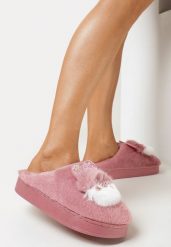 Różowe Wsuwane Kapcie na Płaskiej Podeszwie z Aplikacją 3D w Kształcie Króliczka z Cyrkoniami Pottira. Czerwone kapcie damskie Born2be. Za 24.99 zł.