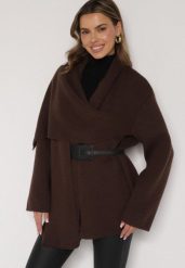 Brązowy Wiskozowy Kardigan z Paskiem i Narzutką Rewedisa. Brązowe kardigany damskie Born2be, bez wzorów, z dzianiny. Za 199.99 zł.