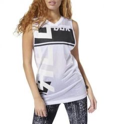 Koszulka treningowa damska Reebok Meet You There. Białe bluzki sportowe damskie Reebok, s, z materiału, bez kołnierzyka, bez ramiączek. Za 154.18 zł.