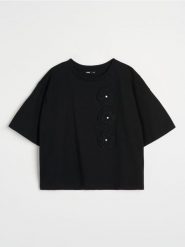 Bawełniana koszulka z aplikacją 3D - czarny. Czarne t-shirty damskie Sinsay, l, z aplikacjami, z bawełny, bez kołnierzyka. Za 25.99 zł.