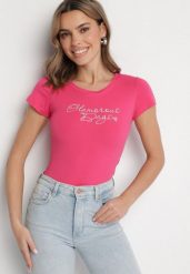 Fuksjowy T-shirt z Bawełny z Ozdobnym Napisem Asemi. Czerwone t-shirty damskie Born2be, m, bez wzorów, z bawełny, bez kołnierzyka. Za 29.99 zł.