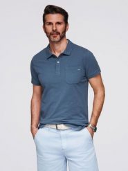 Koszulka polo klasyczna z bawełnianej dzianiny – ciemnoniebieska V8 - Rozmiar: L. Niebieskie koszulki polo męskie Ombre Clothing, l, bez wzorów, z bawełny, bez ramiączek. W wyprzedaży za 97.49 zł.