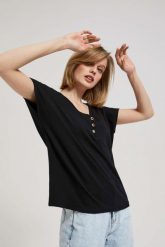 T-shirt z dekoltem w serek z guzikami czarny. Czarne t-shirty damskie MOODO, xs, bez wzorów, z bawełny, bez kołnierzyka. W wyprzedaży za 22.49 zł.
