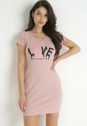 Różowa Bawełniana Sukienka T-shirtowa z Napisem Avera. Czerwone sukienki damskie Born2be, m, bez wzorów, z bawełny, bez kołnierzyka, bez ramiączek, mini. W wyprzedaży za 55.99 zł.