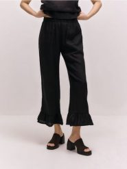 Lniane spodnie z falbankami - ciemnobrązowy. Brązowe spodnie materiałowe damskie Reserved, bez wzorów. Za 199.99 zł.