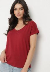 Bordowy Bawełniany T-shirt z Trójkątnym Dekoltem Linarosea. Czerwone t-shirty damskie Born2be, l, bez wzorów, z bawełny, bez kołnierzyka. Za 39.99 zł.