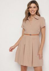 Ciemnobeżowa Bawełniana Sukienka Koszulowa z Paseczkiem Wenilise. Brązowe sukienki damskie Born2be, na co dzień, na lato, l, bez wzorów, z bawełny, eleganckie, bez kołnierzyka, bez ramiączek, mini, koszulowe. W wyprzedaży za 95.99 zł.