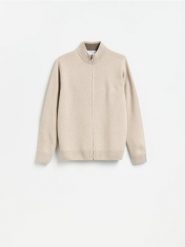 Rozpinany sweter z golfem - beżowy. Brązowe kardigany męskie Reserved, l, bez wzorów, z dzianiny, bez kołnierzyka. Za 149.99 zł.