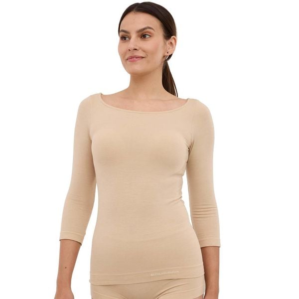 Koszulka damska rękaw 3/4 z wełną Brubeck COMFORT MERINO. Brązowe t-shirty damskie Brubeck, bez wzorów, z elastanu, bez kołnierzyka. Za 219.99 zł.
