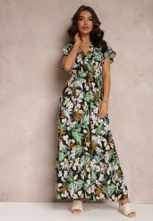 Zielono-Czarna Sukienka z Wiskozy Maxi w Kwiaty Mahiza. Zielone sukienki damskie Renee, l, bez wzorów, z tkaniny, bez kołnierzyka, bez ramiączek, maxi, kopertowe. W wyprzedaży za 62.99 zł.