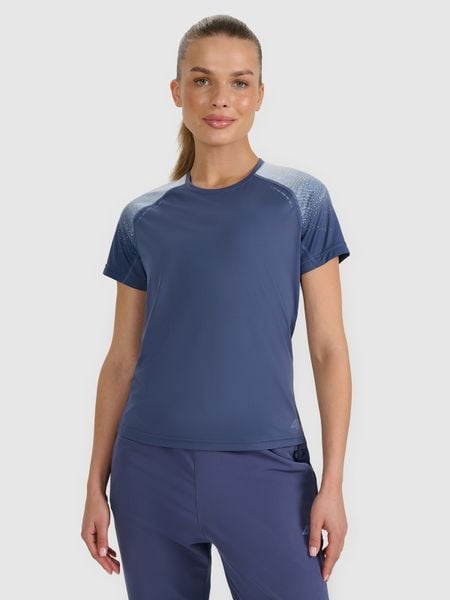 4F Koszulka do biegania w terenie szybkoschnąca damska - granatowa L. Niebieskie bluzki sportowe damskie 4f, l, z materiału, bez kołnierzyka, bez ramiączek. W wyprzedaży za 89.99 zł.