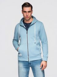 Męska bluza bawełnina dresowa BASIC rozpinana z kapturem - niebieska V7. Niebieskie bluzy z kapturem męskie Ombre Clothing, m, z dresówki. Za 189.99 zł.