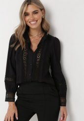 Czarna Koszula ze Stójką i Koronką Argochis. Czarne koszule damskie Born2be, l, bez wzorów, z jeansu, bez kołnierzyka, bez ramiączek. Za 129.99 zł.