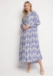 Niebieska Rozkloszowana Sukienka z Wiskozy w Ornamentalny Wzór Gonavina. Niebieskie sukienki damskie Born2be, na co dzień, m, bez wzorów, z wiskozy, eleganckie, bez kołnierzyka, bez ramiączek, maxi, kopertowe. W wyprzedaży za 111.99 zł.