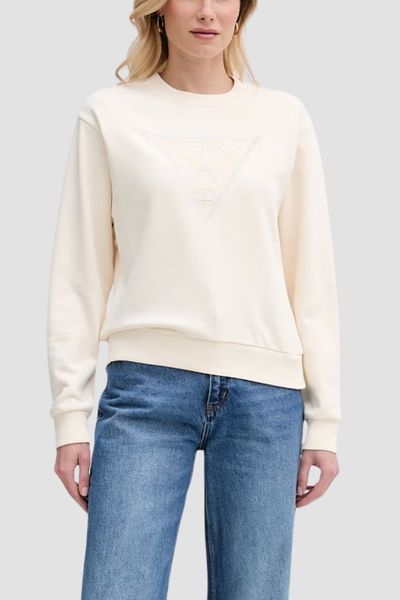 GUESS Beżowa bluza damska z cyrkoniami Triangle Lace, Rozmiar L. Brązowe bluzy bez kaptura damskie Guess, l, z dresówki. W wyprzedaży za 229.99 zł.