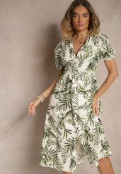 Zielona Sukienka o Rozkloszowanym Kroju z Dekoltem w Serek w Roślinny Print Evilessa. Zielone sukienki damskie Renee, na co dzień, l, bez wzorów, eleganckie, bez kołnierzyka, bez ramiączek, midi, rozkloszowane. W wyprzedaży za 111.99 zł.