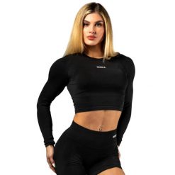 Damska koszulka z długim rękawem Nebbia Power Crop Top. Czarne bluzki sportowe damskie Nebbia, m, z materiału, bez kołnierzyka, bez ramiączek. Za 279.99 zł.