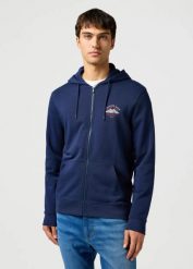 WRANGLER MĘSKA BLUZA WRANGLER GRAPHIC ZIP HOODIE NAVY 112362887. Niebieskie bluzy bez kaptura męskie Wrangler, m. Za 159.99 zł.