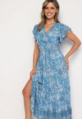 Niebieska Rozkloszowana Kopertowa Sukienka z Bawełny o Wzorze Paisley z Gumką w Talii Zonne. Niebieskie sukienki damskie Born2be, na co dzień, na lato, l, bez wzorów, z bawełny, eleganckie, bez kołnierzyka, bez ramiączek, mini, kopertowe. W wyprzedaży za 43.99 zł.