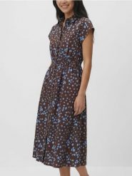 Sukienka midi w kwiaty - ciemnobrązowy. Brązowe sukienki damskie Reserved, l, bez wzorów, z bawełny, bez kołnierzyka, bez ramiączek, midi, rozkloszowane. Za 129.99 zł.